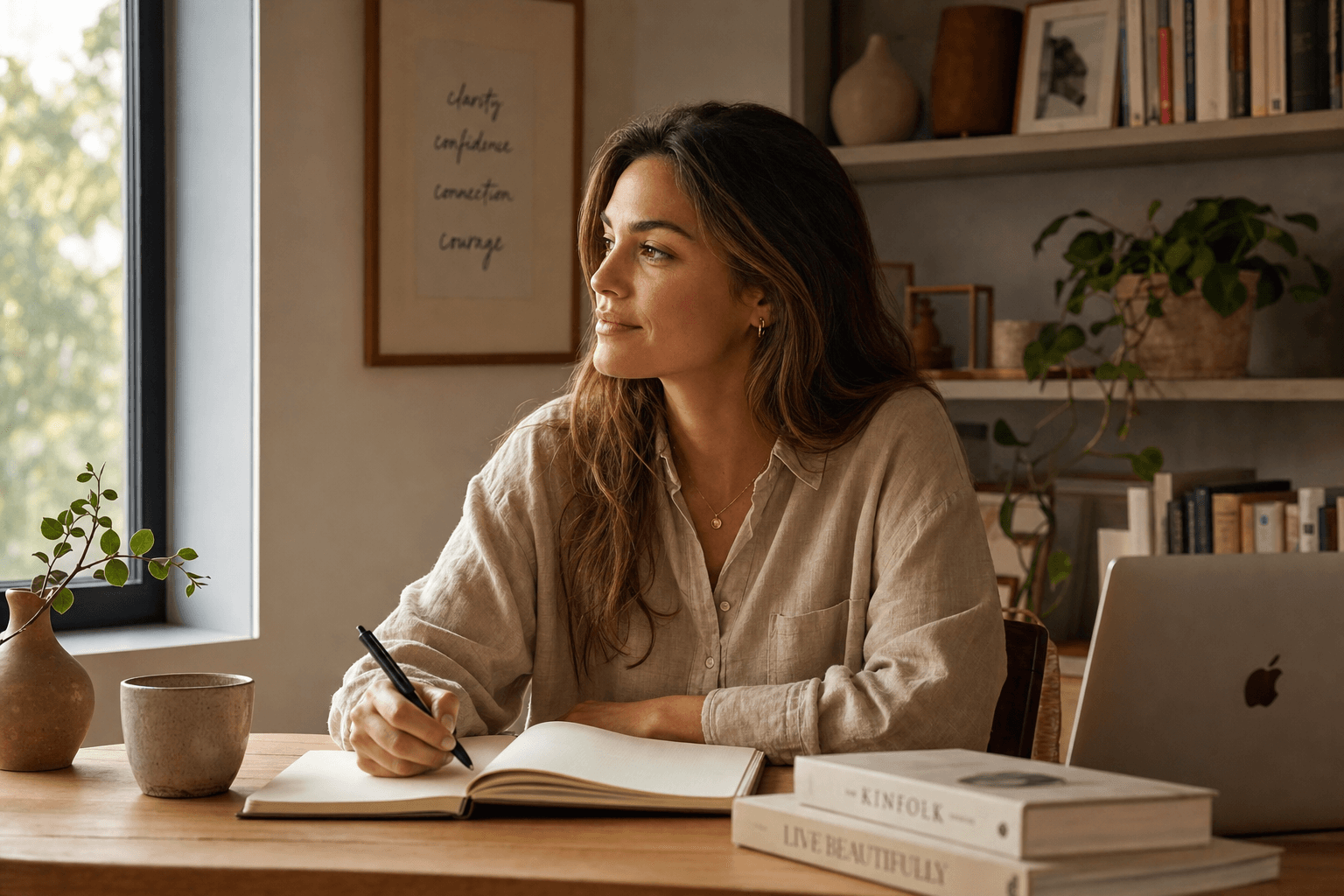 Woman at desk, focused and clear, soft natural lighting