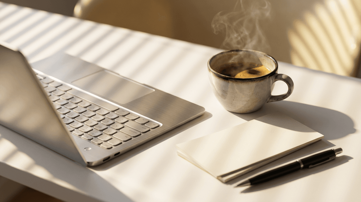 Woman reflecting at her workspace in natural light, moment of clarity